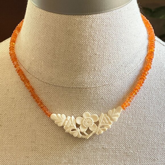 Vintage Carved Celluloid Flower Necklace, Orange Glass Beads, 17" Barrel Clasp - Picture 1 of 7